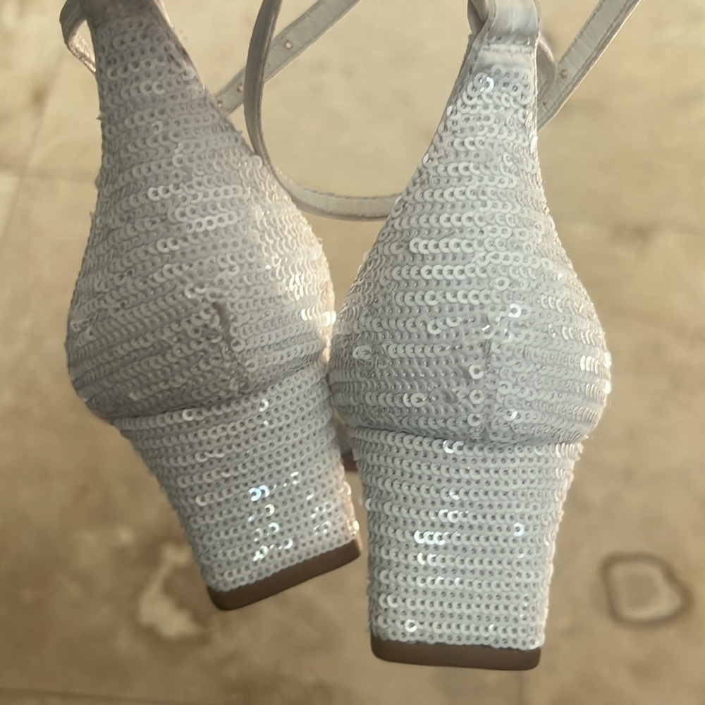 Caroline Constas Glittering Sequined White Heels Shoes - Picture 9 of 16
